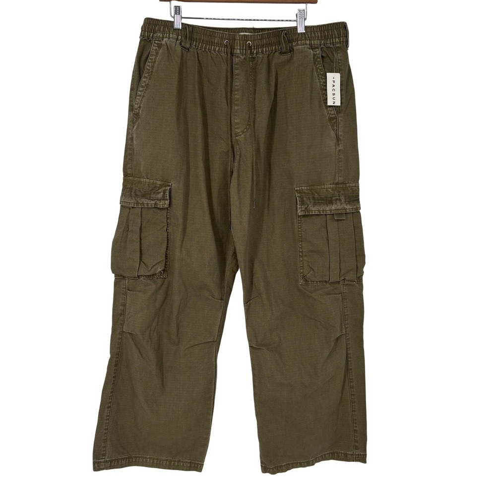 PacSun Extreme‎ Baggy Cargo Pants Mens XL Olive Green Ripstop Wide Leg Utility